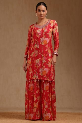 Soch Womens Red Chinon Floral Print Suit Set With Thread Work