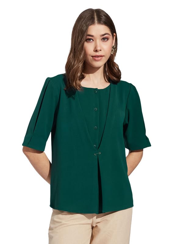 Latin Quarters Women Green Round Neck Half Sleeve Solid Tunic Blouse_S