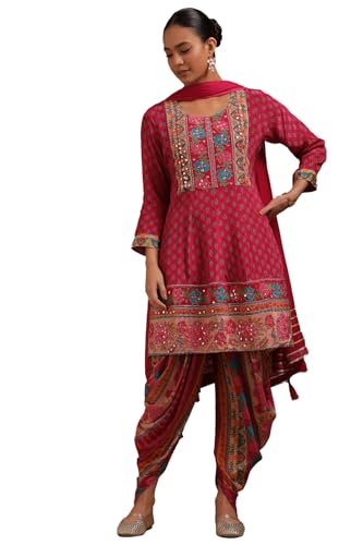 Soch Womens Fuchsia Crepe Floral Print Suit Set With Mirror Work