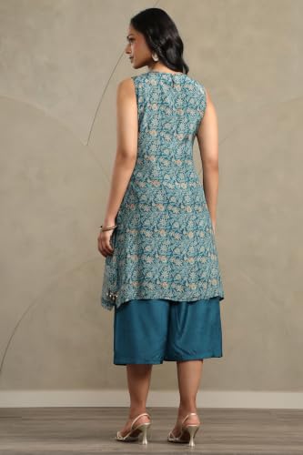 Soch Womens Teal Muslin Botanical Printed Kurta Set