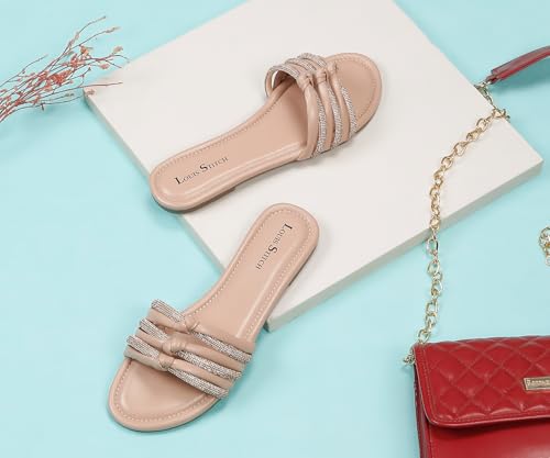LOUIS STITCH Women's Fashion Flat Slip On Sandals | Open Toe Nude Stylish Flat Sandal for Ladies, Comfortable All day Wear Slipper | LSOF-LDSL-GLTSNU | UK-8