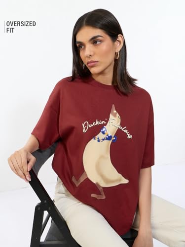 The Souled Store Fabulous Women and Girls Short Sleeves Round Neck Maroon Graphic Printed Cotton Oversized Breathable Lightweight Oversized T-Shirt