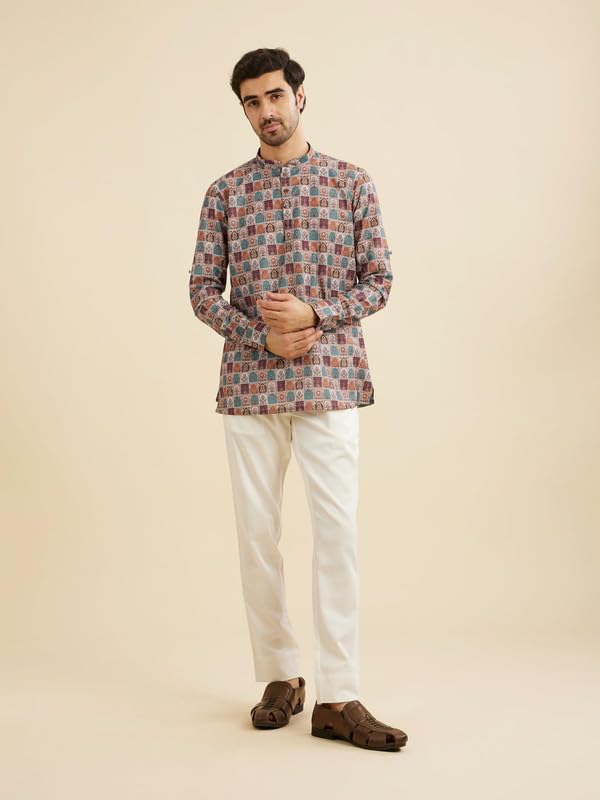 Manyavar Men's Cotton Blend Digital Print Short Kurta (Beige,XXL)