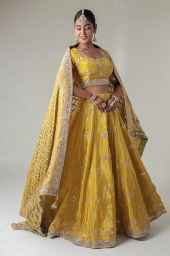 Women's Embellished Silk Lehenga with Contrast Bandhej Dupatta