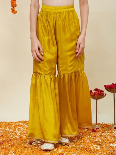 CURLY TALES ALPHA Girls Mustard Yellow Sharara Set with Sleeveless Embroidered Kurti | Traditional Indian Dress for Kids | Ethnic Festive Outfit with Gota Lace for Weddings & Celebrations