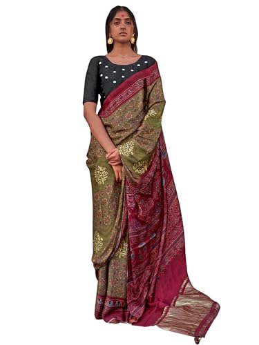 SAREE MALL Women's Olive Viscose Silk Ajrak Printed Saree With Unstitched Blouse (JOGAN102_HS)