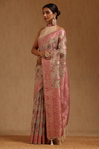 Soch Womens Beige Chanderi Floral Woven Design Saree