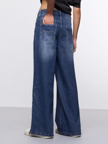 The Souled Store Wide-Leg Denim: Cinnamon Women and Girls Buttoned Waistband Blue Light Wash Cotton Denim Lightweight Everyday All Season Wide Leg Jeans