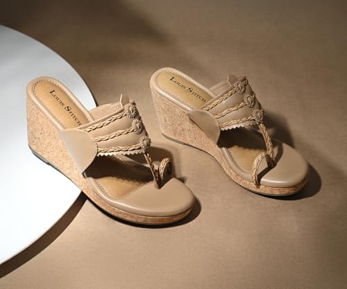 LOUIS STITCH Women's Fashion Wedge Heel Sandals | Toe Ring Style Beige Wedges for Ladies | LSOF-LDWH-TRETBG| (UK-4)