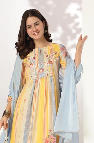 Janasya Multicolour Georgette Kurta with Pant & Dupatta for Women Embroidered Print Ethnic Wear
