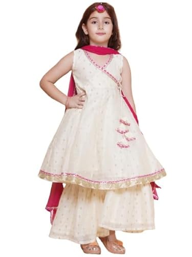 Bitiya By Bhama Girls Off White Woven Design Angrakha Gotta Patti Kurta with Sharara & Dupatta(TKS167)