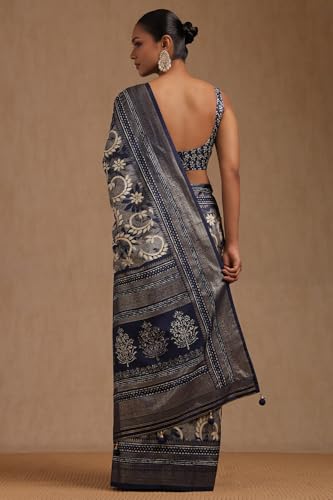 Soch Womens Navy Blue Dola Silk Floral Print Saree