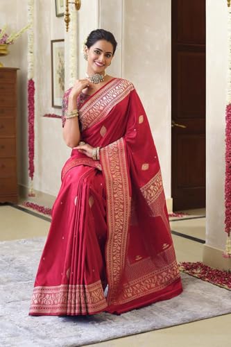 Taneira Women Red Pure Silk Kadwa Banaras Saree With Unstitched Blouse Piece (SAIH04AC5735-Red)