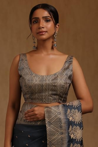 Soch Womens Blue Tussar Ethnic Motifs Hand Embroidered Saree