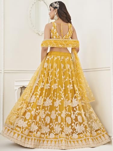 Zeel Clothing Women's Embroidered Soft Net Semi-Stitched Lehenga Choli With Dupatta (2122-Yellow-Wedding-Stylish-Latest; Free Size)