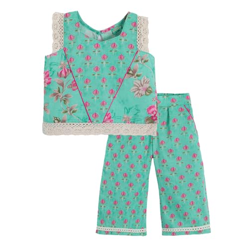 Hopscotch Girls Sleeveless Teal 2-Pc Floral Cotton Palazzo Set For Age (4-5 Years)