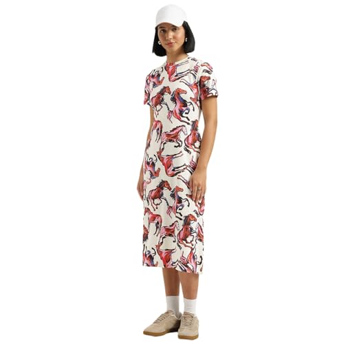United Colors of Benetton Round Neck Animal Print Knit Dress - (Size:2XL) - 26P3E98W3G74I901 White
