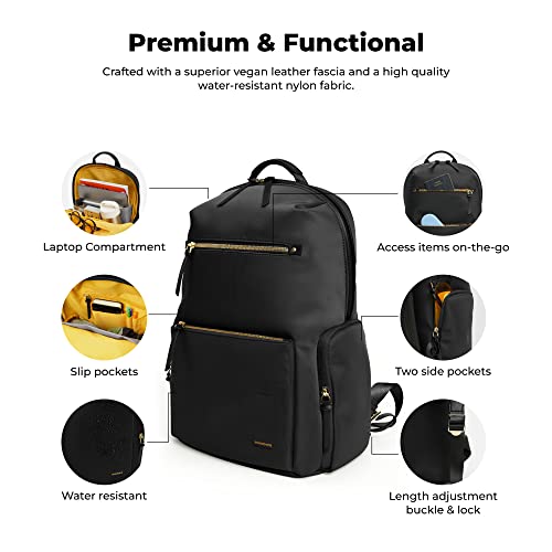 MOKOBARA The Bliss Backpack | 14 Inch Padded Laptop Compartment, 21L Capacity, Water Resistant Nylon & Vegan Leather Trims | Adjustable Straps, Multiple Pockets | Money Moves, Black