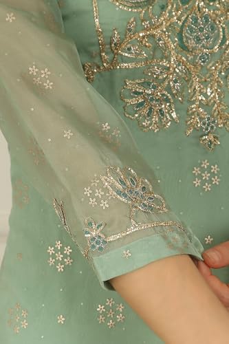W for Woman Solid Embroidered Straight Organza Suble Green Kurta, Pant and Dupatta Set (Size: 2XL)-24AUWS11709-124502