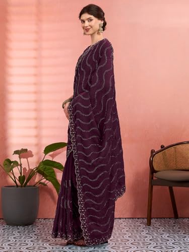 AKHILAM Women's Wine Tissue Geometric Printed Saree With Unstitched Blouse Piece (KRIYNS4905_KH)