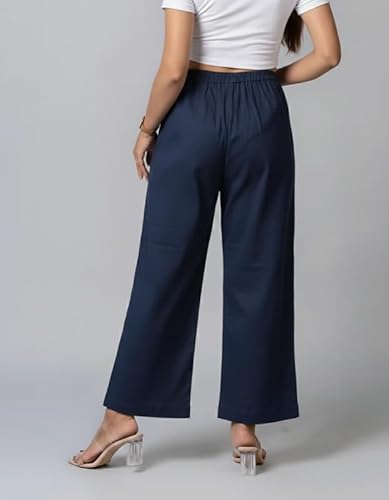 Moirai Pure Cotton Wide Leg Women Trouser Stylish Mid Rise Relaxed Straight Fit Loose Pants Casual Travel Office Formal Wear Navy Blue