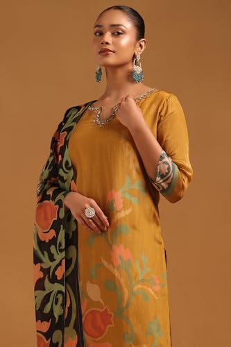 Soch Womens Mustard Crepe Botanical Salwar Suit With Mirror & Cutdana