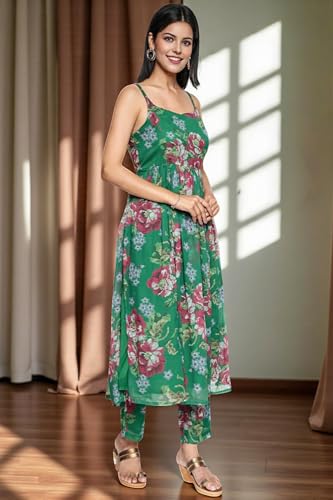 W for Woman Green Printed Chiffon Flared Kurta, Straight Pant and Dupatta Set (Size: XXL)-WS12960-125864