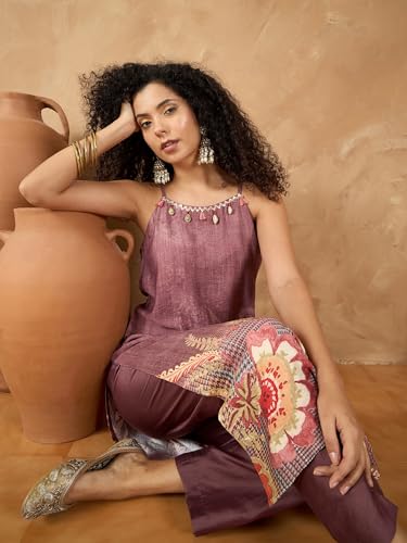 Varanga Women Spaghetti Strap Straight Floral Kurta With Trousers