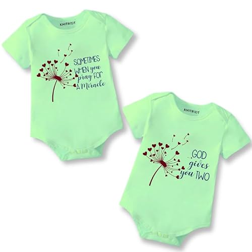 Knitroot Twins Romper, Unisex Baby Kids Twin Onesies, Half Sleeve Bottom Snap Button, Green Cotton Bodysuit, Sleepsuit, Sometimes When You A Pray For A Miracle, 9-12 Months, For Twin Baby Boys & Girls