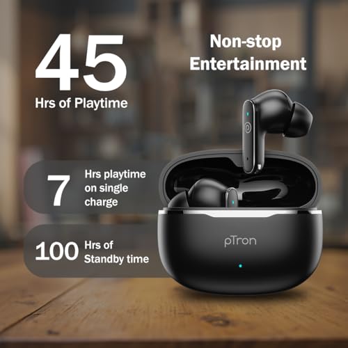 pTron Bassbuds Eon in-Ear TWS Earbuds w/ 13mm Drivers, 45Hrs Playtime, Dual HD Mic & TruTalk AI-ENC Calls, Custom EQ,Mobile App, Bluetooth v6.0 Headphones,Voice Assist., Type C Charging & IPX5 (Black)