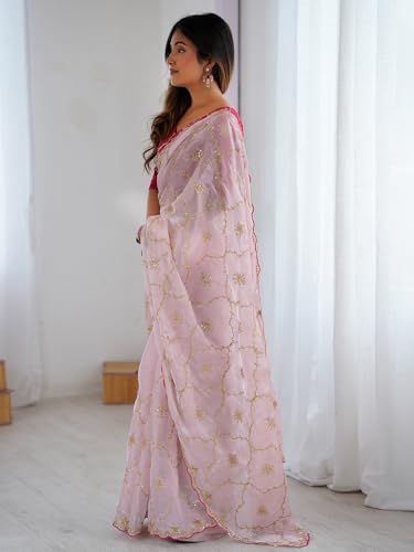 SIRIL Women's Tissue Silk Sequin Embroidery & Scalloped Border Saree With Unstitched Blouse Piece (4633S125A_Light Pink)