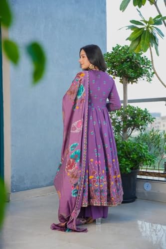 VARNI FABRICS: A lady's First Love Women's Floral Printed Anarkali Muslin Kurta Set With Dupatta, Full Sleeve, Ethnic Wear for Women (IN, Alpha, M, Regular, Purple)