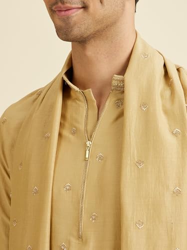 Manyavar Men's Art Silk Zip-Style Neck Kurta Set with Dupatta (Fawn,XL)