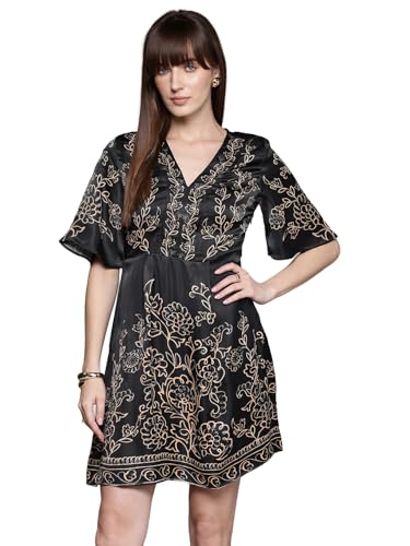 Label RITU KUMAR Black Marce V Neck Short Dress