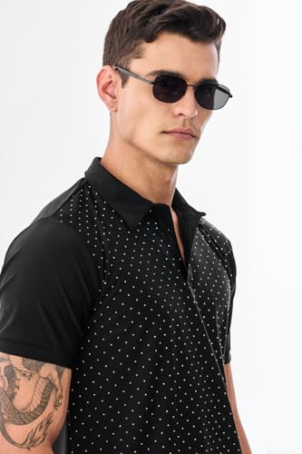 SNITCH Men's Polo T-Shirt | Polka Dot Pattern & Buttoned Closure | Nylon Blend Fabric with Stretchable & Breathable Features | Casual Wear & Regular Fit | Black