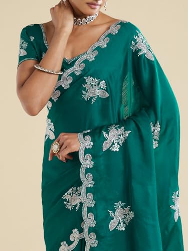 AKHILAM Women's Teal green Pure Chiffon Ethnic Motif Embellished Saree With Unstitched Blouse Piece (ANIKA2302_AG)