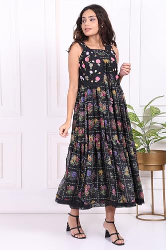 W for Woman Black Floral Printed Poly Georgette Flared Dress with Embroidered Waist Coat Set - (W12969-125847-S)
