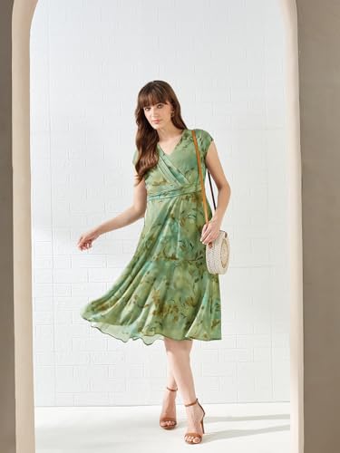 Latin Quarters Women's Green Cap Sleeves V-Neck Printed Casual Midi Dress_XXL
