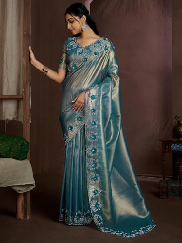 SAREE MALL Women's Teal blue Organza Embellished Saree With Unstitched Blouse (MAHEK926E_MK)
