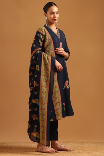Soch Womens Navy Blue Cotton Floral Embroidered Salwar Suit