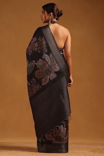 Soch Womens Black Tussar Floral Saree With Zari Woven