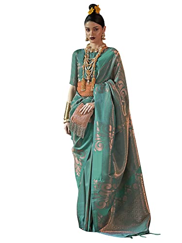 AKHILAM Women's Banarasi Silk Kanjivaram Pattu Woven Design Saree With Unstitched Blouse Piece (Teal blue_KNMNI2001_RJ)