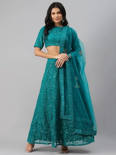 Zeel Clothing Womens Thread Sequins Embroidery Work Soft Net Semi Stitched Lehenga And Choli Set With Dupatta (6017-Teal-Green-Women- Lehenga-Choli; Free Size)