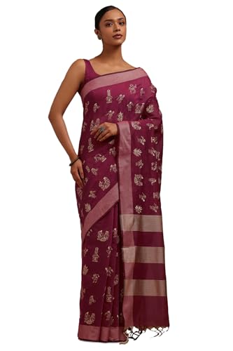 Soch Womens Wine Chanderi Warli Print Saree With Thread Work