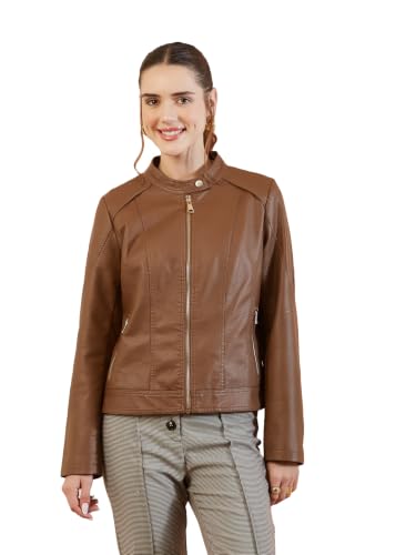 Latin Quarters Women's Brown Solid Full Sleeves Mandarin Neck Casual Biker Jacket_L