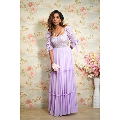 Avy's Label Premium Georgette Lilac Tiered Purple Long Frock with Maggam Work (Purple, 38)