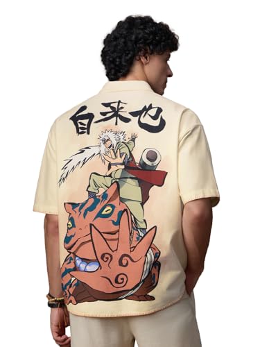 The Souled Store Naruto Shippuden: Gamakage Jiraiya Men and Boys Short Sleeves Collared Neck Button Front Off White Graphic Printed Cotton Lightweight Oversized Shirts