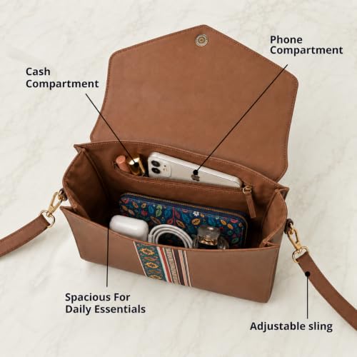 TEAL BY CHUMBAK Botanical Bail Flap Handbag for Women - Brown Polyester Flap Handbag with Adjustable Strap, 4.5L Storage | Snap Button Closure Sling Purse | Gifts for Women, Ladies Purse