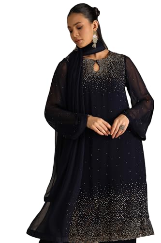 Soch Womens Navy Blue Georgette Suit Set With Stone Work