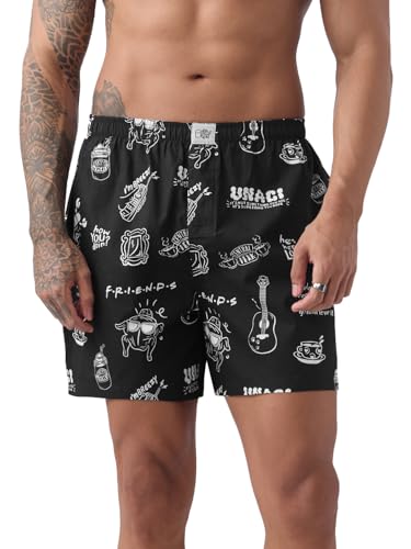 The Souled Store Friends: Doodle Men and Boys Pull On Black All Over Printed Regular Fit Cotton Boxer Shorts
